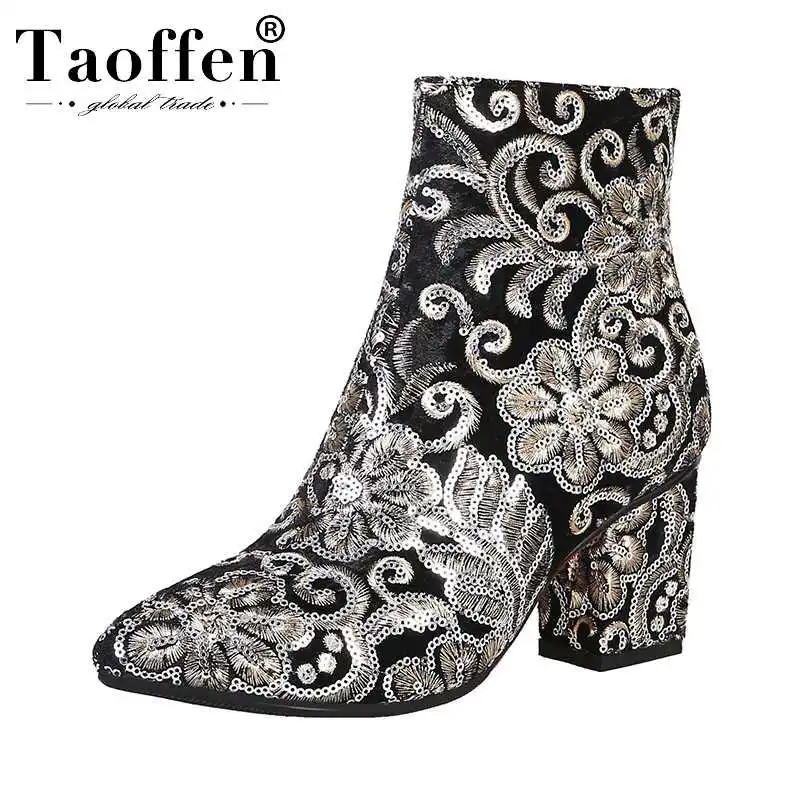 

Taoffen Fashion Embroidery Bling Women Ankle Boots Zipper Thick Heels Shoes Woman Autumn Winter Warm Footwear Size 34-44