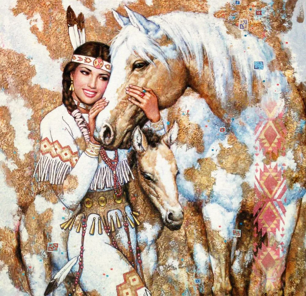 

2017 home office TOP ART-American native Indian WOMAN with HORSE art oil painting print work--good quality painting on canvas
