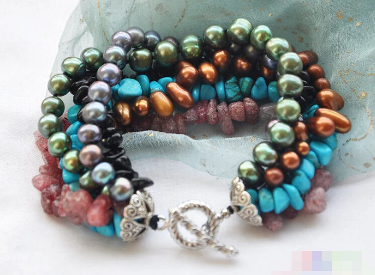 

Hot selling>@@ 0766 6row 8" green gray coffee pearl agate turquoise bracelet -Bride jewelry free shipping