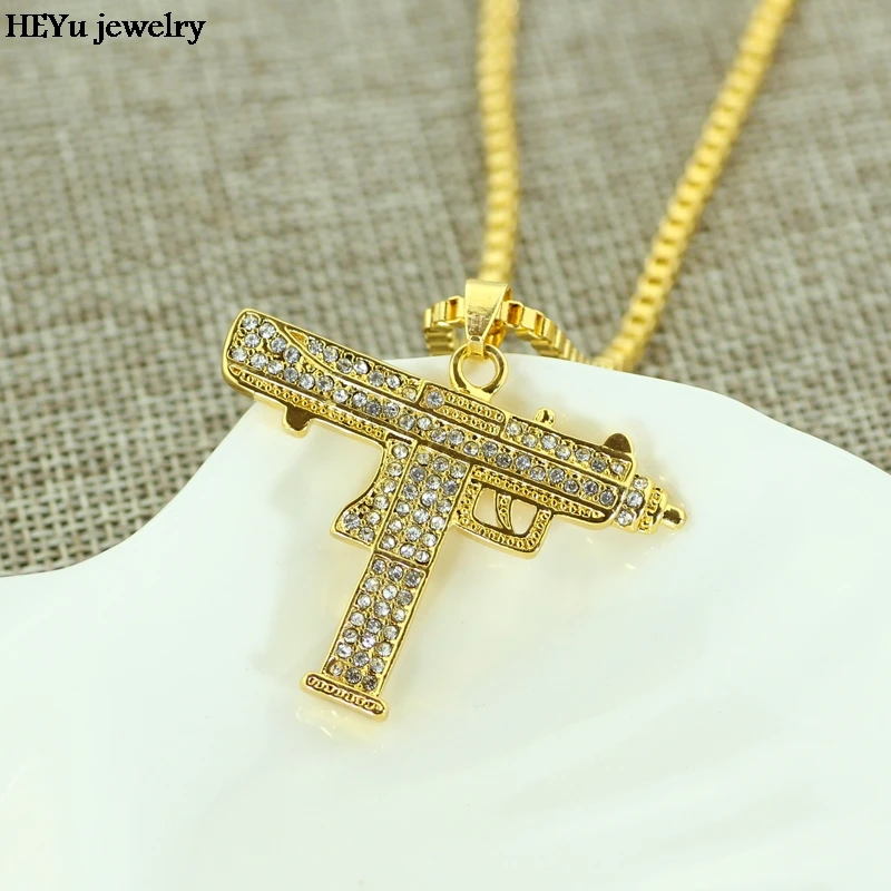 Fashion Gold Color Uzi Gun Pendant Necklace Men Alloy Full Rhinestone