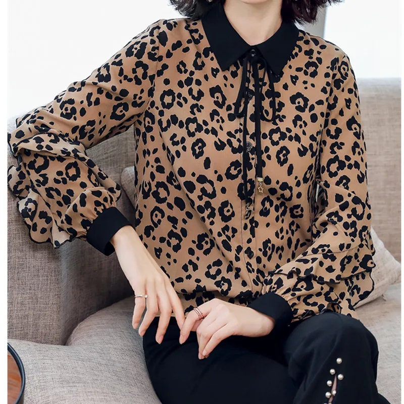 

nvyou gou Ladies Leopard Print Top Summer Fashion Loose Ruffle Sleeve Chiffon Blouse Office Lady Bow Tie Neck Casual Shirt