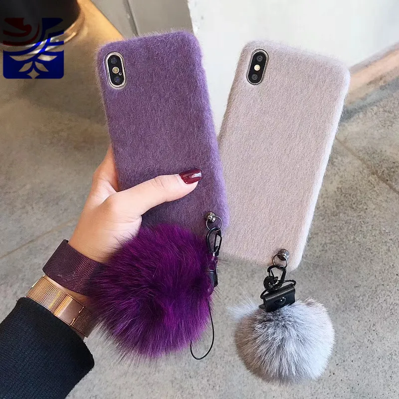 PEIPENG Simple and comfortable Plush Hairball Warm winter Phone Case Silica gel Faux rabbit fur For iPhone XS MAX 6 6s 7 8plus Fashion Christmas gift Anti-fall0