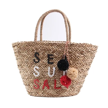 

Colorful Hairball Pendant Straw Bags Women Embroidery Letter Hand Woven Basket Bags Women Casual Tote Girl Summer Beach Bag