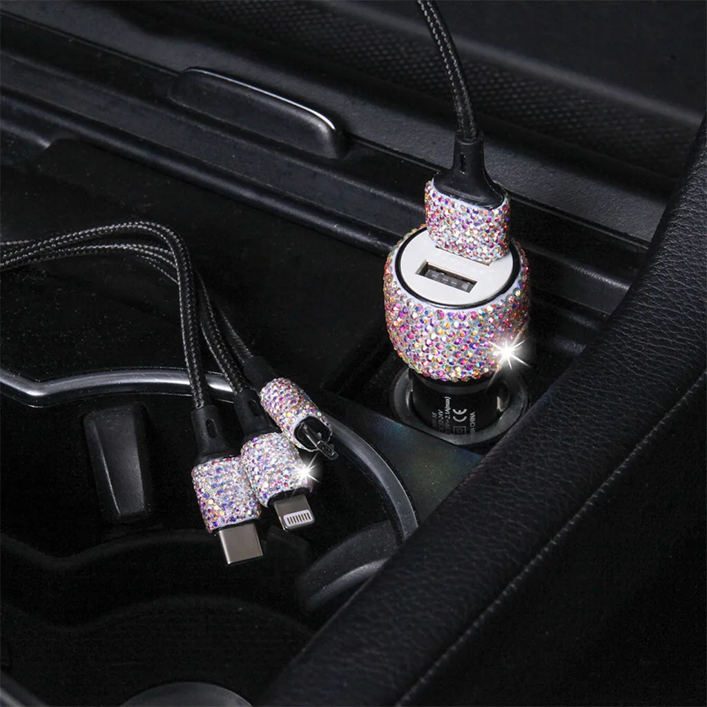

Gift Car Charger Dual USB Quick Charging Aluminum Alloy Universal Shining Durable Rhinestone LED Indicator For Tablet Phone