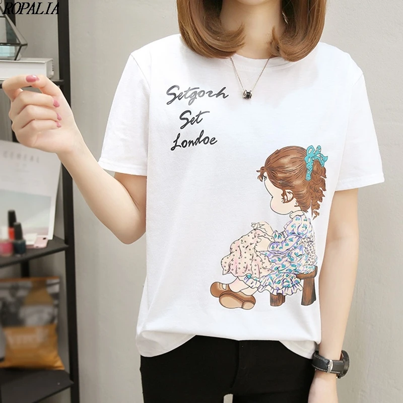 

Women's Cartoon Character & Letters Print Short Tees Round Neck Girls Sweet T-shirts Sleeve Loose T-Shirt