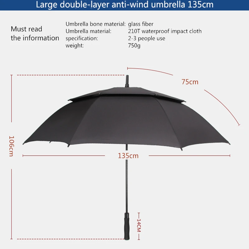 Зонт для гольфа с длинной ручкой, мужской ветрозащитный большой зонт, Женский солнцезащитный двухслойный полуавтоматические зонтики, мужской бизнес