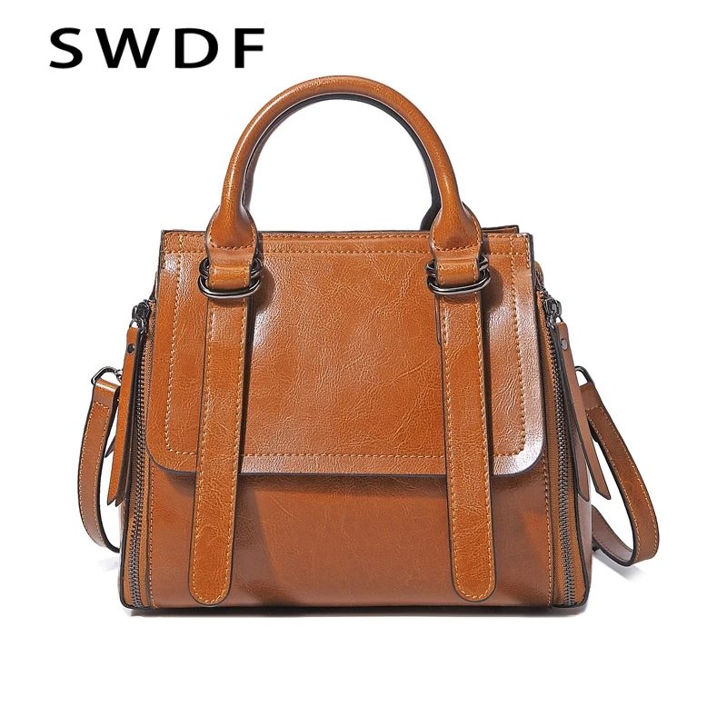 

SWDF 2019 New Women's Shoulder Bag Female Designer Portable Messenger Bag Zipper Oil Wax Leather Boston Bag Ladies Messenger Bag