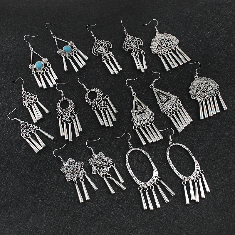 

Ethnic Silver Hanging Earrings Retro Flowers Geometric Triangle Irregular Oval Carved Lanterns Tassel Earrings Gypsy Female Gift