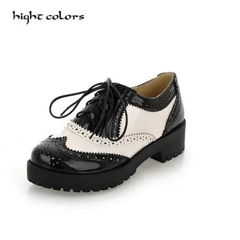 

Size 34-43 New 2019 Vintage Black/White Round Toe Leather Oxfords Shoe Womens Ladies Lace Up Flat Platform Brogue Creepers Shoes