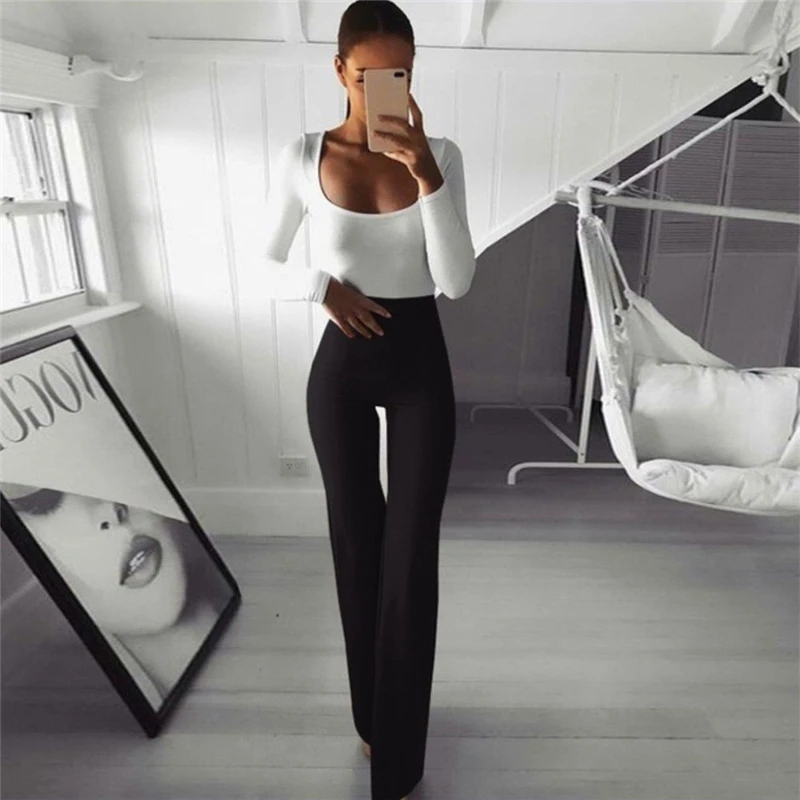 

Women's Office Lady Work Long Flare Pants Solid High Waist Woman Trousers 2019 Spring Elegant Slim Straight Formal Female Pants
