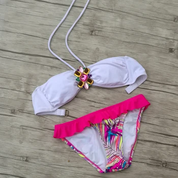 

Women Pink Print Bikini White Top Diamond Swimsuits Brazilian Biquini Swimwear saida de praia Sexy girl maillot de bain