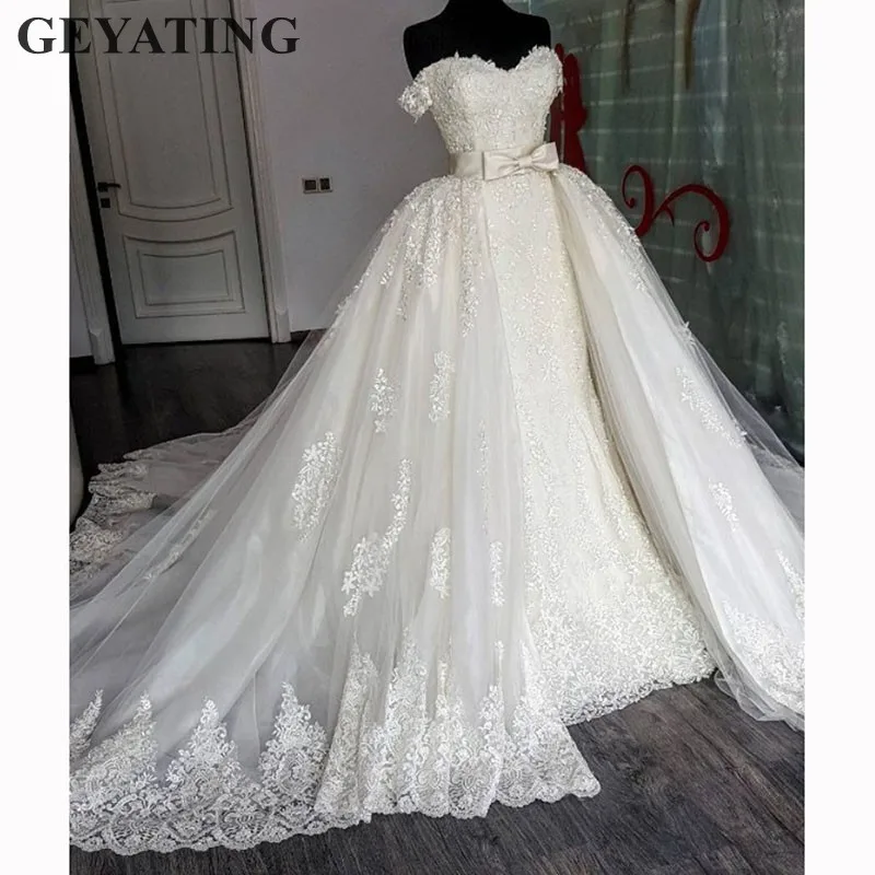 

Luxury Lace Mermaid Wedding Dress with Detachable Train Bow Off the Shoulder Appliques Arabic Bridal Wedding Gowns Plus Size