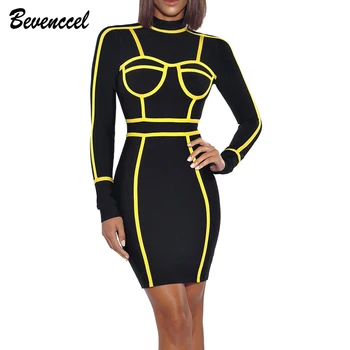 

Sexy Winter Dress Women Long Sleeve O Neck Black Yellow Patchwork Elegant Bandage Dress Vestidos De Fiesta Evening Party Dress