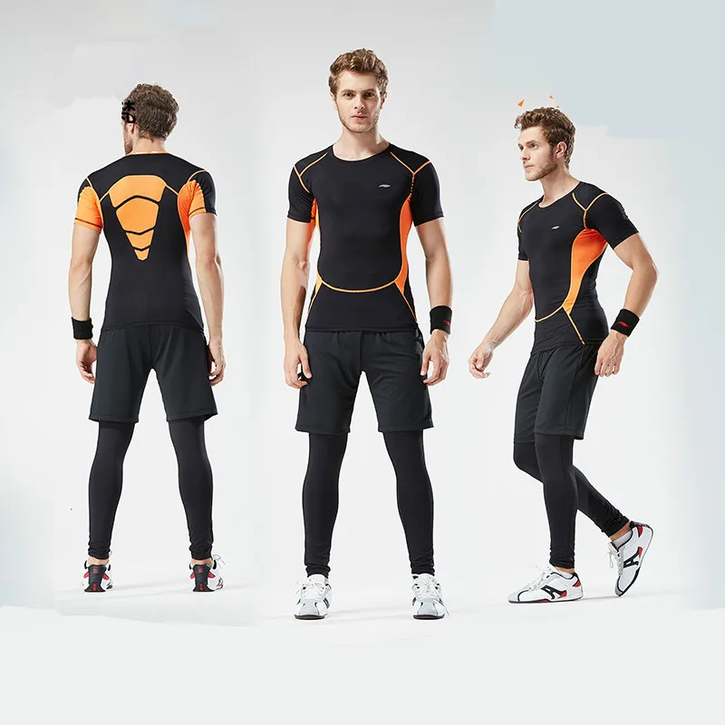 

Mens Sports Suits Gym Fitness Exercise Running Set Short Compression Tights T Shirt Men Cropped Pants Shorts Fast Dry Sportswear