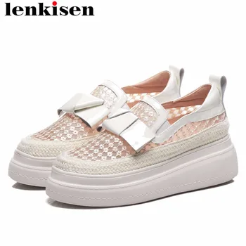 

Lenkisen summer brand butterfly-knot decoration British school slip on loafers mesh flat platform round toe vulcanized shoes L61