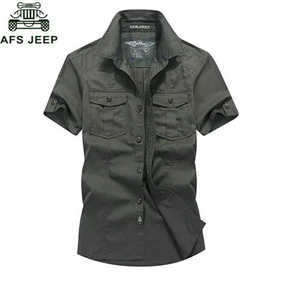 AFS JEEP, брендовая рубашка, мужские повседневные футболки, джинсовая рубашка, мужская хлопковая рубашка с коротким рукавом, Camisas Masculina Camisas Hombre Vestir, мужская одежда - Цвет: Армейский зеленый