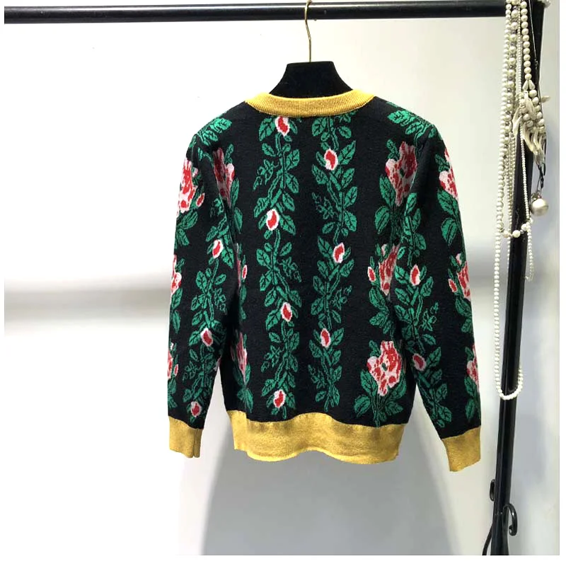 Soie Lumineux Chart Nouveau Bord Col Fonds noir Femme Top D'automne Pulls See Imprimer Or Fleurs Jacquard Hivers Tricots Chandail Rond wOZiPkTuX