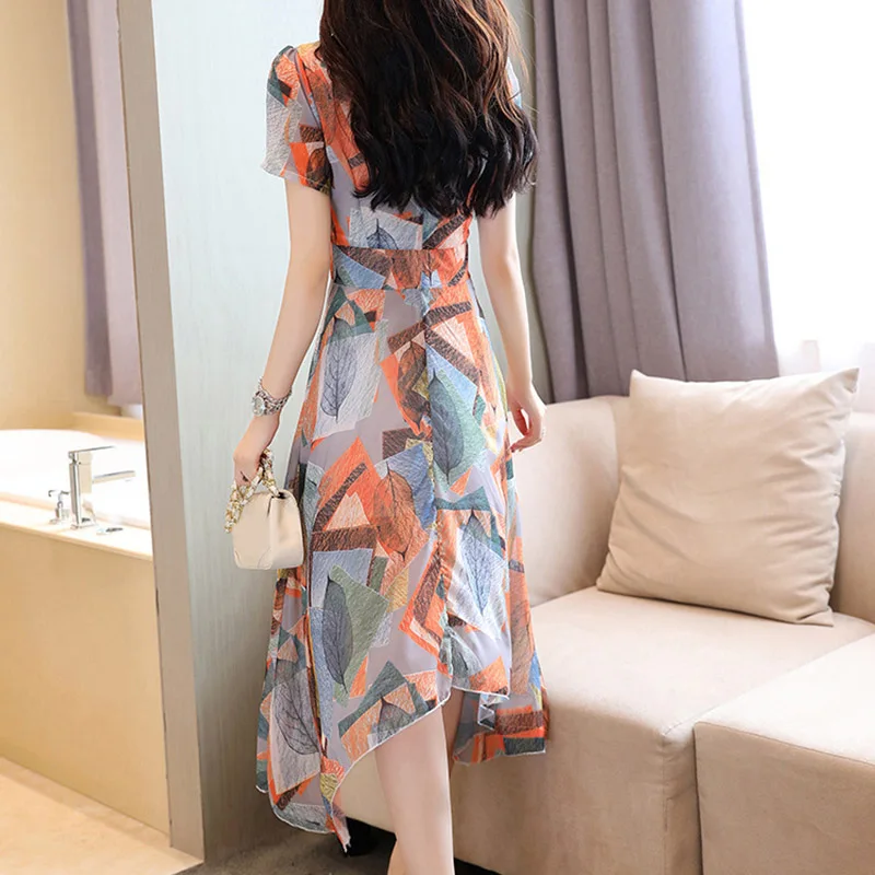 Лето 2019 новое модное платье с коротким рукавом круглый воротник принт тонкое