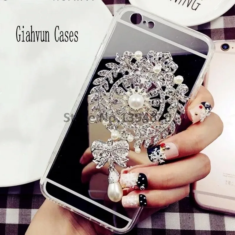 

Bling Pearl brooch mirror Back Cover For samsung Note 3 4 5 8 S6 S7 S8 S9 EDGE For iphone 4 5 SE X 7 8 Plus 6 S 6plus phone case