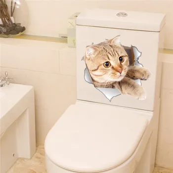 3d Hole View Vivid Cats Dog Wall Sticker Toilet Kitchen Decoration Animal Decals Art Sticker Poster