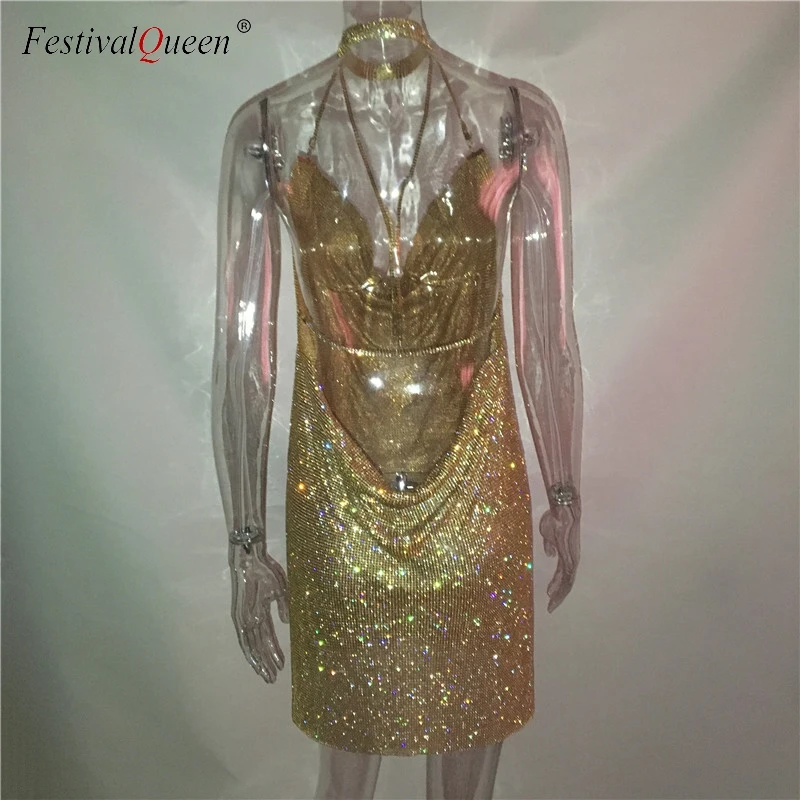 FestivalQueen, сексуальное женское платье с глубоким v-образным вырезом, стразы,, роскошное, для танцев, вечеринки, с лямкой через шею, с открытой спиной, с разрезом, мини-платье