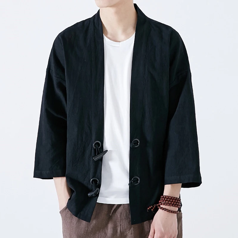 Мода 2019 г. Этническая для мужчин's пальто для будущих мам куртки кимоно 100% хлопок черный кардиган Японии стиль Открыть стежка Кнопка с