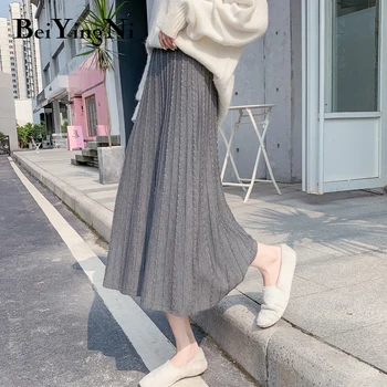 

Beiyingni Winter Korean Women Skirt Black High Waist A Line Pleated Skirts 2019 Slim Solid Knitting Vintage Midi Skirt Faldas