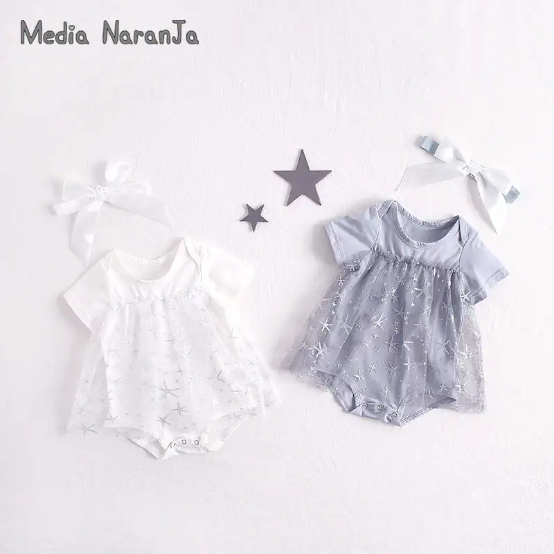 

Baby bodysuits girls infant toddler short sleeve stars 2 colors mesh dress style bodysuit birthday twins summer clothing