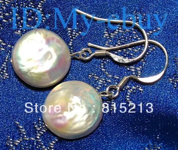 

wb00228 12mm White Coin Pearl Dangling Earrings 925 Silver