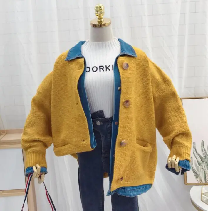 Зимний женский свитер, теплое пальто размера плюс, вязаные хлопковые куртки в стиле пэчворк, винтажный женский кардиган, свитер, куртка с длинным рукавом - Цвет: Цвет: желтый
