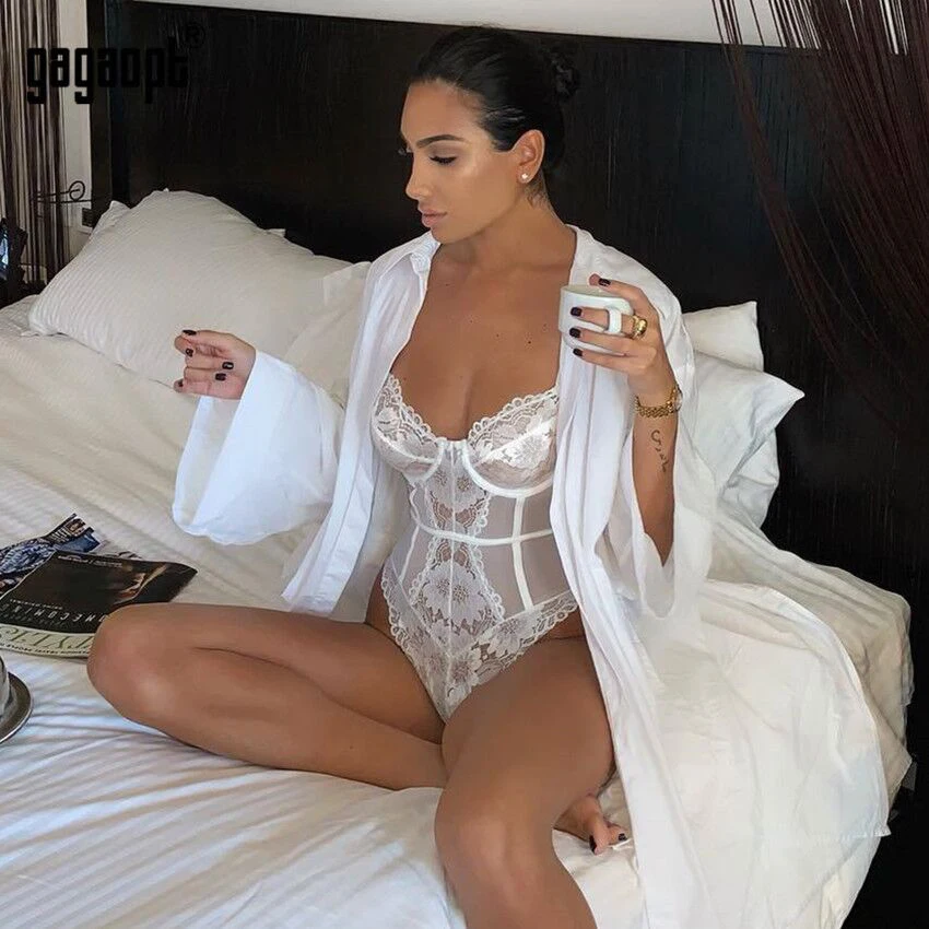 Gagaopt 2019 Floral Embroidery Lace Bodysuit Women Fashion Sexy Bodysuit Skinny Mesh Bodysuit Overalls Nightwear nude bodysuit