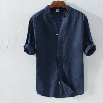 

Helisopus Cotton Linen Rolled Up Sleeve Shirts Mens Summer Casual White Blue Khaki Color Male Full Sleeve Shirt Asian Size