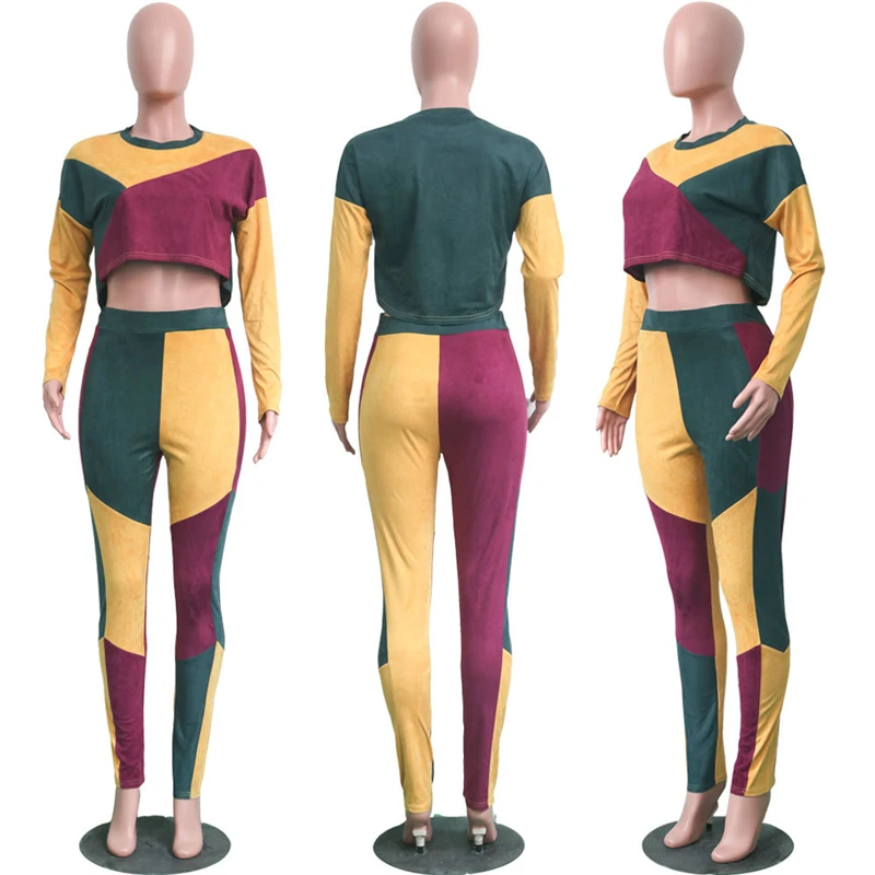 Adogirl цветной лоскутный замшевый женский спортивный костюм с длинным рукавом укороченная Футболка Топ+ брюки-карандаш повседневный комплект из двух предметов женская одежда
