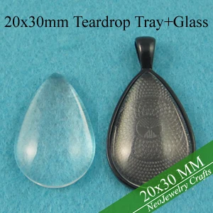 

20x30mm Black Teardrop Pendant Trays, Teardrop Cabochon Setting, Blank Pendant Setting + Clear Glass Cabochon Cover