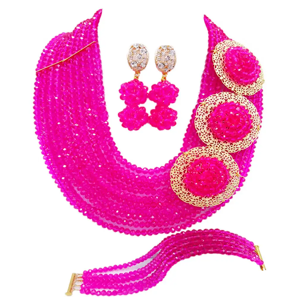 

Amazing! Fuchsia Pink Crystal Button Stud Earrings Nigerian Wedding African Beads Jewelry Set NC1716