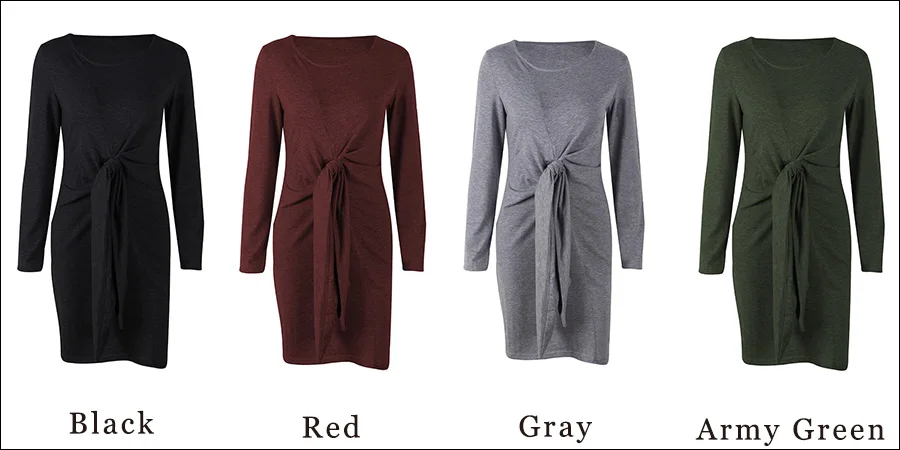 Gladiolus 2018 Autumn Winter Women Dress O-Neck Long Sleeve Front Knot Bow Tie Fashion Midi Women Dress Ladies Casual Dresses  (31)