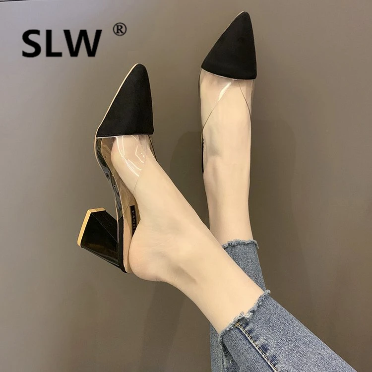 

Cover Toe Woman Shoes Luxury Mules Women Slippers Heels Square heel Med Slides Designer Pointed High Flat 2019 Sliders Basic
