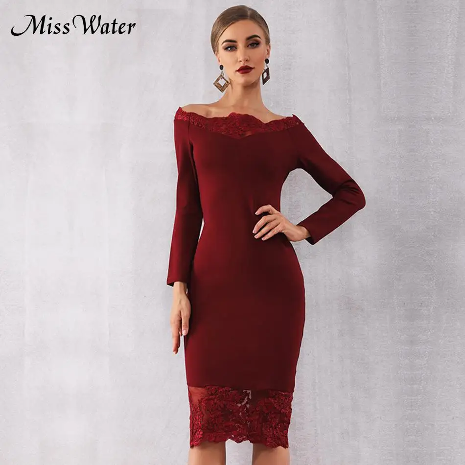 

Miss Water New Celebrity Party Bodycon Bandage Dress Women Long Sleeve Off The Shoulder Sexy NightClub Lace Dress Women Vestidos