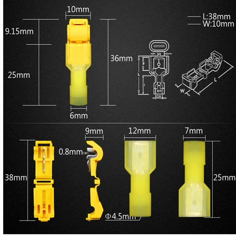 120 шт Т-образные электрические соединители для быстрого соединения проводов и изолированные мужские быстроразъемные клеммы(желтый, красный, синий
