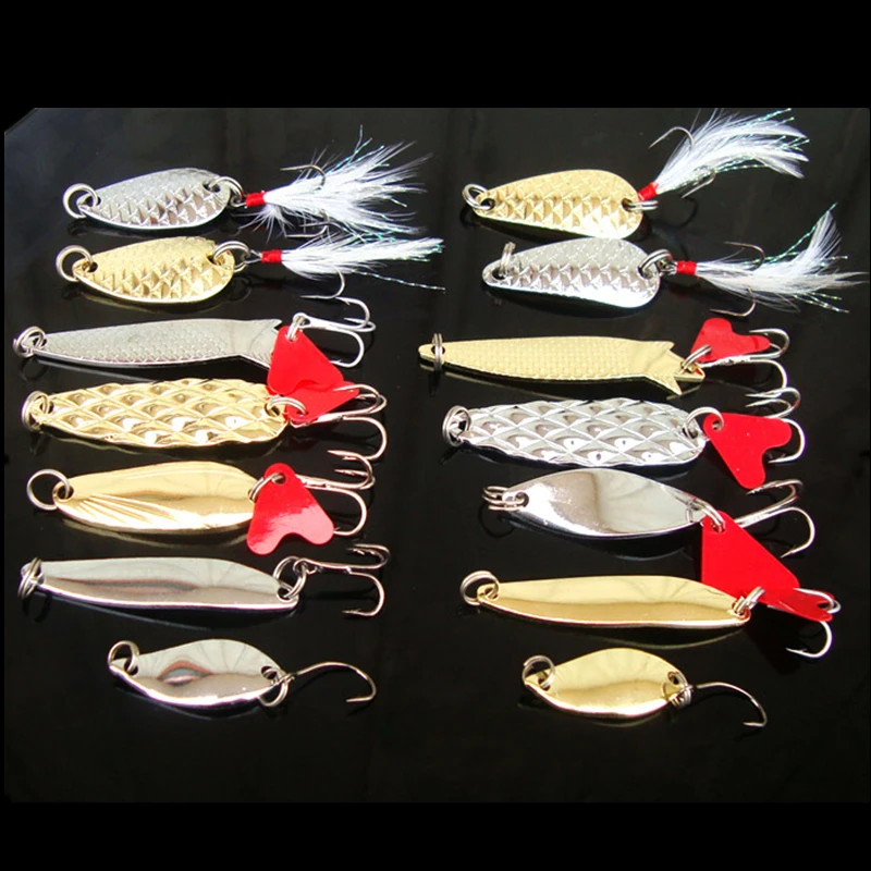 

14pcs/lot Metal Spoon Lures Gold & Silver Spinner Bait Kit with Connector Heart Card