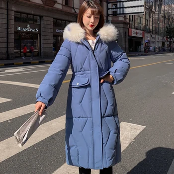 

2019 Winter Jacket Women Fur Collar Hooded Thickeing Long Warm Coats Females Cotton-Padded Slim Parka Outwear abrigos mujer