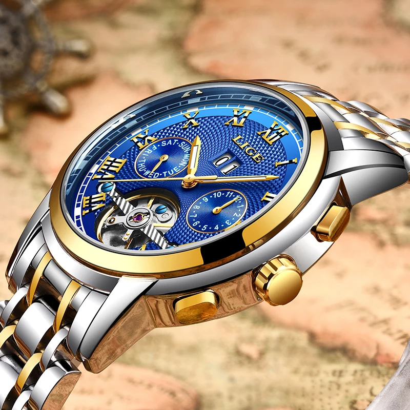 Lige Automatic Watch Men Skeleton Tourbillon Mechanical Watch Sport Waterproof Automatic Watch-3