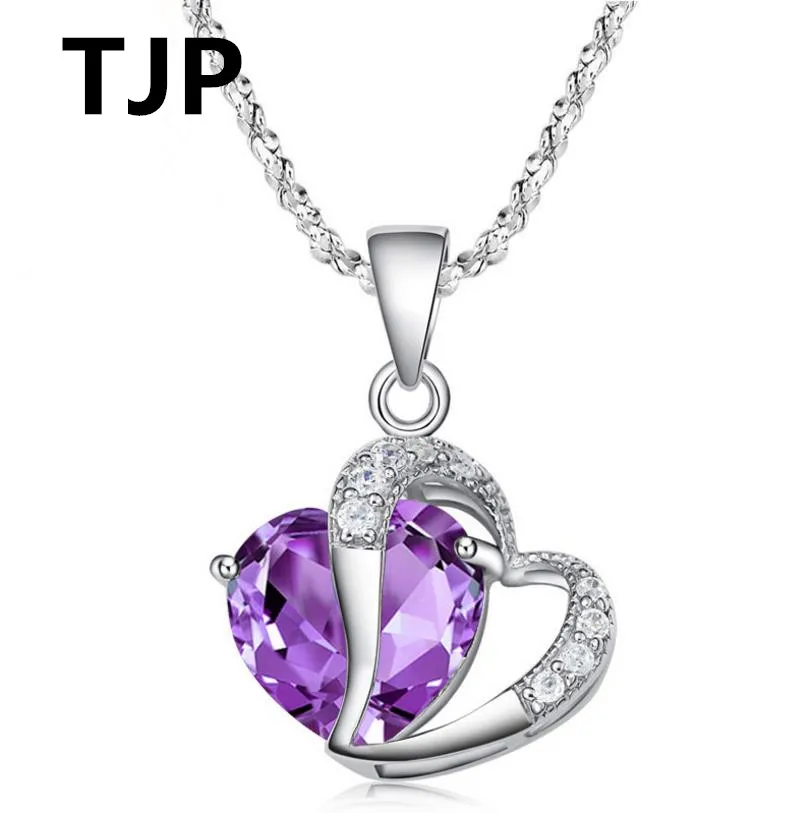 

TJP Cute Purple Crystal Pendants Necklace For Women Engagement Fashion 925 Sterling Silver Clavicle Choker Necklaes Girl Bride