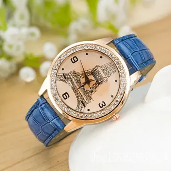 

Women Relojes Best Selling Faux Leather Crystal Rhinestone Case Eiffel Tower Pattern Quartz Wrist Watch