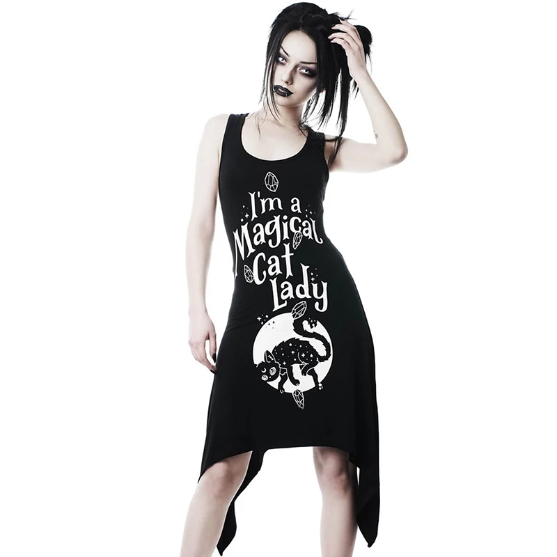 

New Rock Punk Gothic Darkness Sexy Women Dress Print Letters Cat Irregular Hem Black Dress Summer Girl Streetwear Bodycon Dress