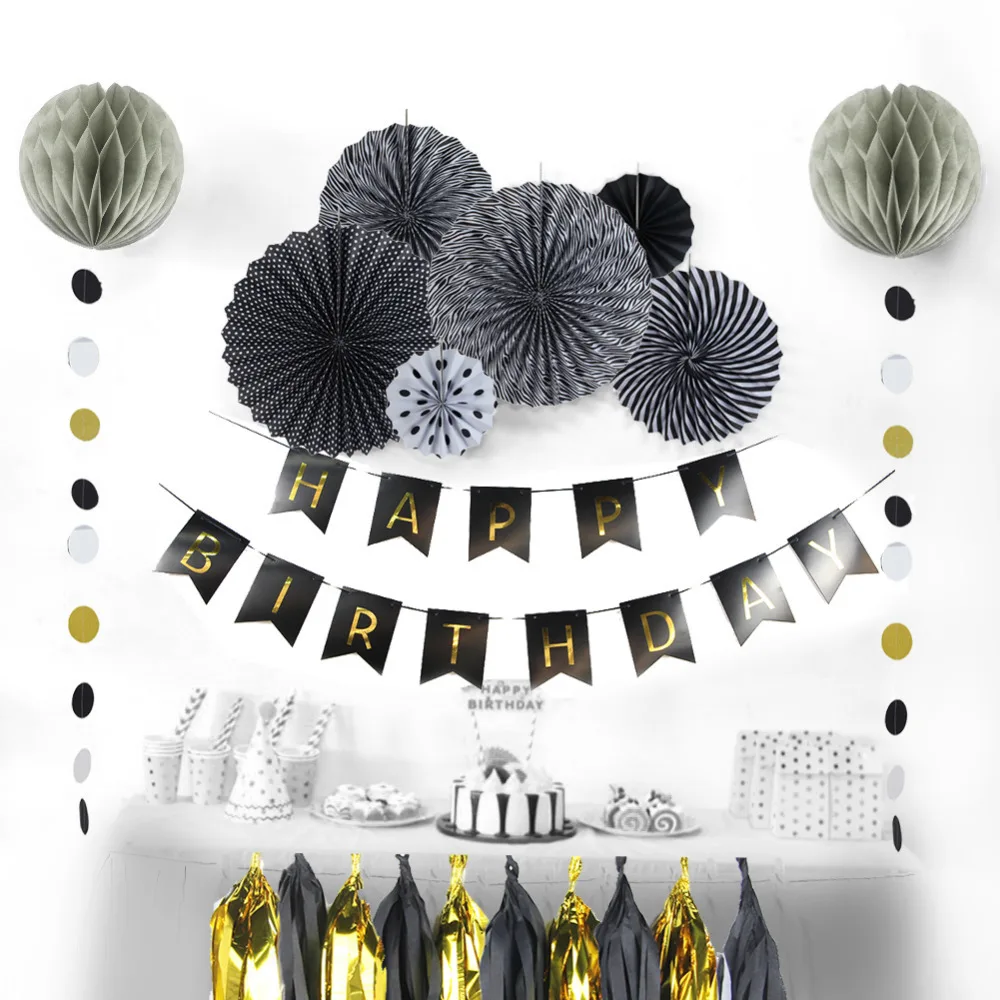 

Gold And Black 40 Birthday Party Decorations Adult Set Happy Birthday Banner Paper Fan Rosettes Honeycomb Balls Circlel Garland