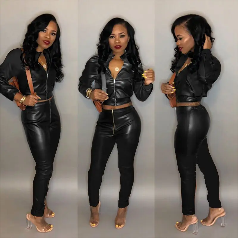 

Women Punk Fashion Two Piece Set Pu Leather Jacket With Pants Women Suits