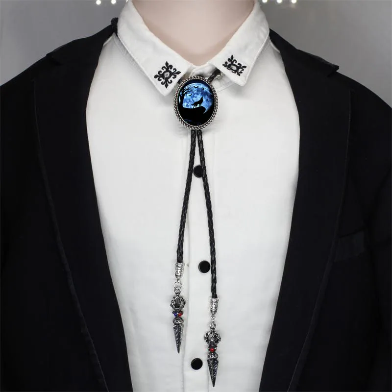 BOLO-0024 New Fairy Howling Wolf Art Oval Bolo Tie Vowboy Hand Craft Slide Western Tie Neck Glass Photo Tie Leather Necklaces