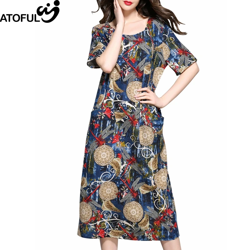 

ATOFUL New Vintage Multicolor Print Dragonfly Pattern Dress Short Sleeve Women Dress Loose Casual Dresses Plus Size 4XL 5XL