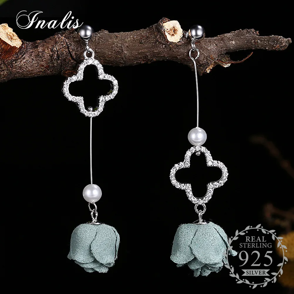 

INALIS Women Flower Statement Earrings Asymmetric Elegance Simulated Pearl Beads Dangle Earrings Brinco 925 Sterling Silver